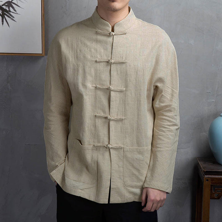 Buddha Stones Effen casual herenoverhemd met kikkerknopen - Linnen - US/UK/AU44, EU54 (5XL) - image 0