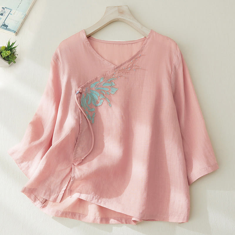 Buddha Stones Casual damesblouse met geborduurde plantenprint en Mouwlengte - MistyRoos - US8-10，UK/AU12-14，EU40-42 (2XL) - image 0