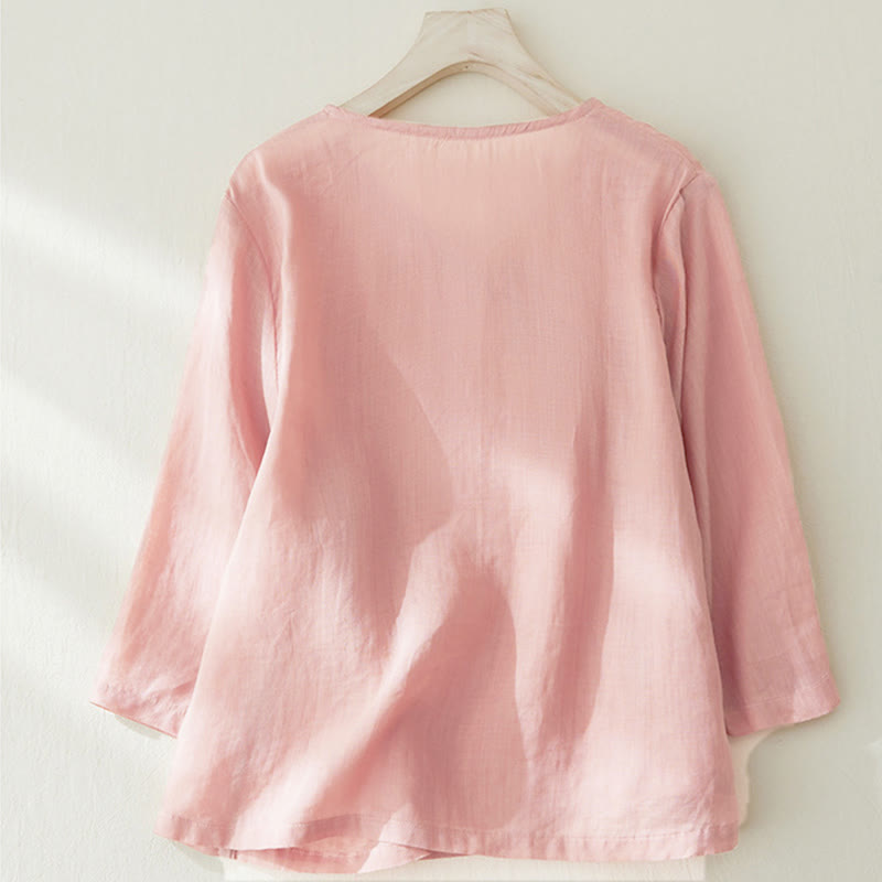 Buddha Stones Casual damesblouse met geborduurde plantenprint en Mouwlengte - image 1