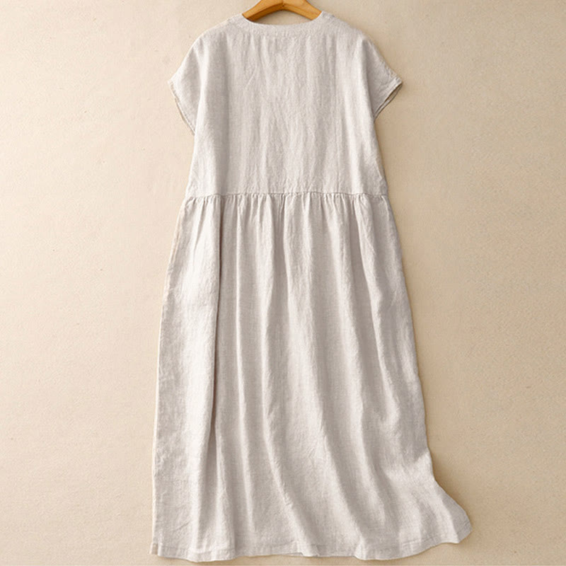 Buddha Stones Casual, artistieke, effen Midi jurk met hoge Taille , Korte mouw en Zakken , eenvoudig ontwerp. - image 1