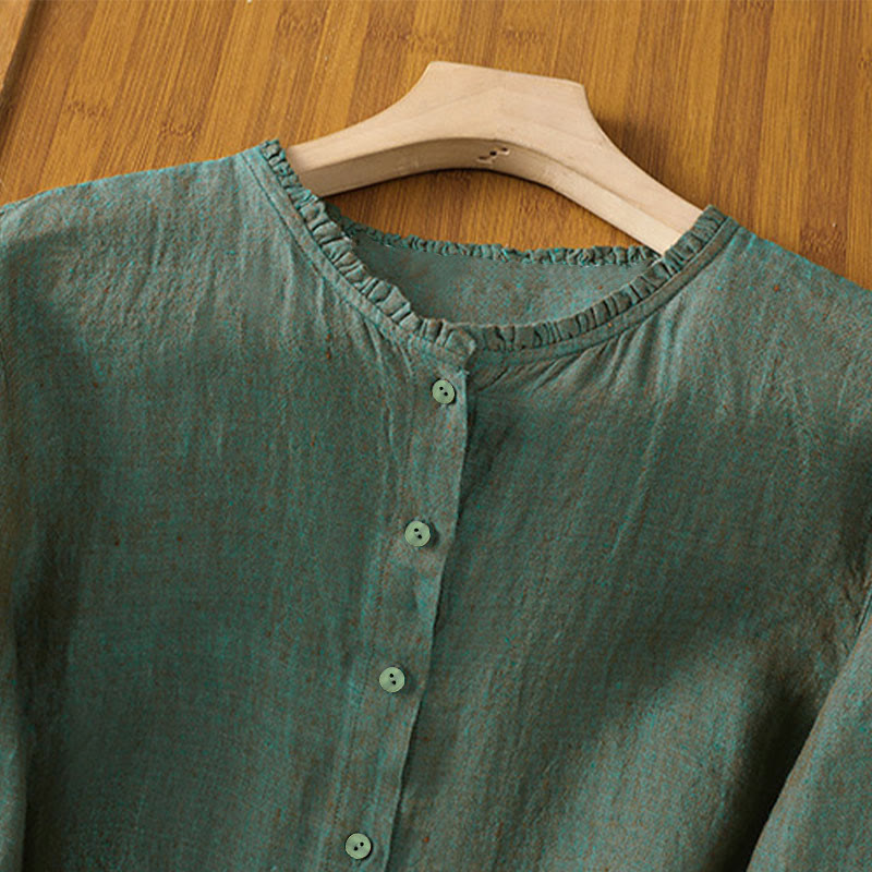 Buddha Stones Lente T-shirt met effen kleur, knoopjes en ruches, ronde Ronde hals, dames - image 1