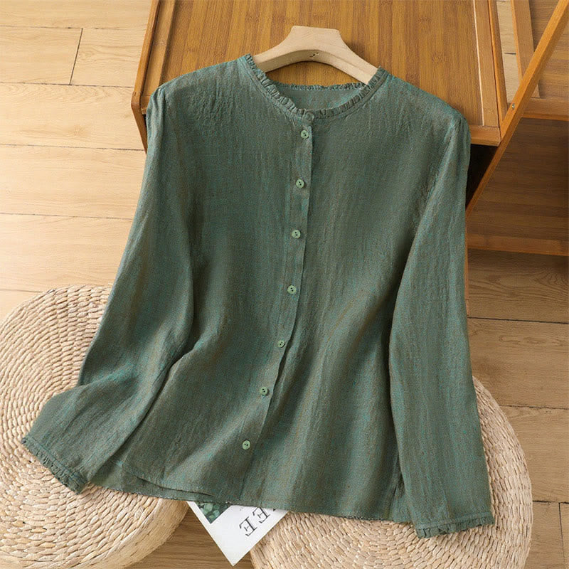 Buddha Stones Lente T-shirt met effen kleur, knoopjes en ruches, ronde Ronde hals, dames - Zeegroen - US14, UK/AU18, EU46 (2XL) - image 0