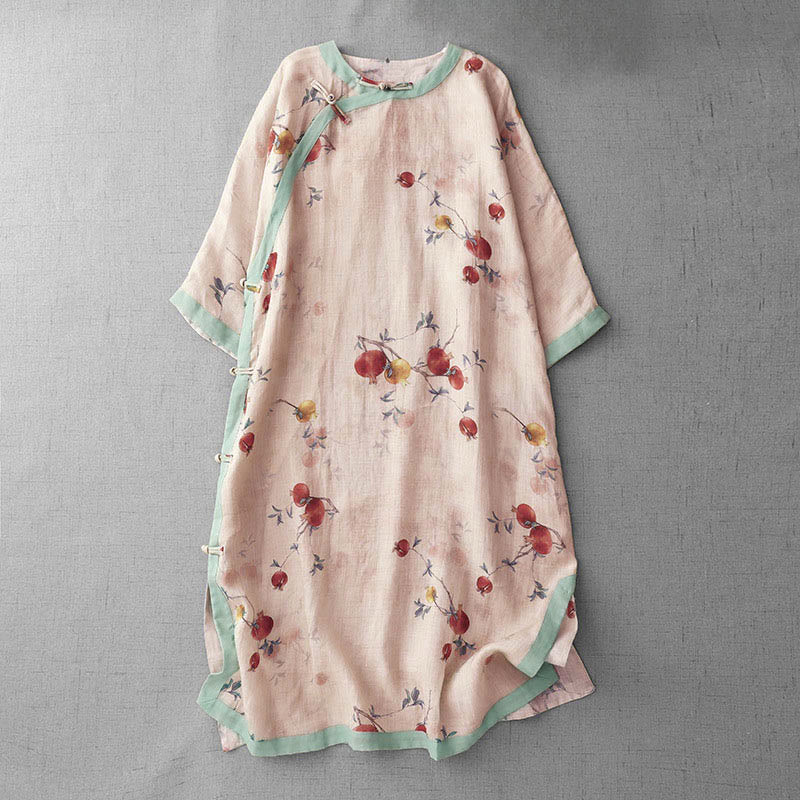 Buddha Stones Midi jurk met kikkerknopen, orchideeën en granaatappelbloemenpatroon, zijsplit en halflange Mouwlengte. - PeachPuff - US12, UK/AU16, EU44 (2XL) - image 1