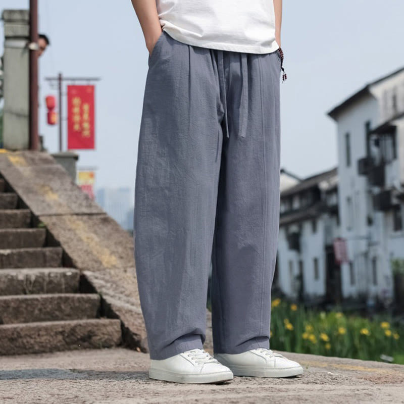 Buddha Stones Zomerse casual minimalistische Lang broek met trekkoord van effen katoen, harembroek voor heren met zakken - image 1