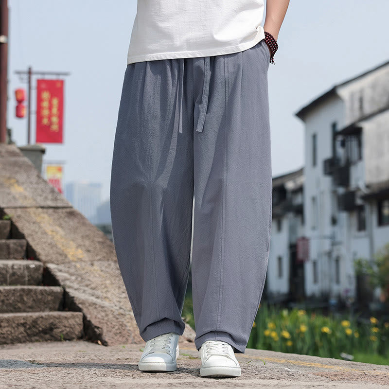 Buddha Stones Zomerse casual minimalistische Lang broek met trekkoord van effen katoen, harembroek voor heren met zakken - Donkergrijs - US/UK/AU46, EU56 (5XL) - image 0