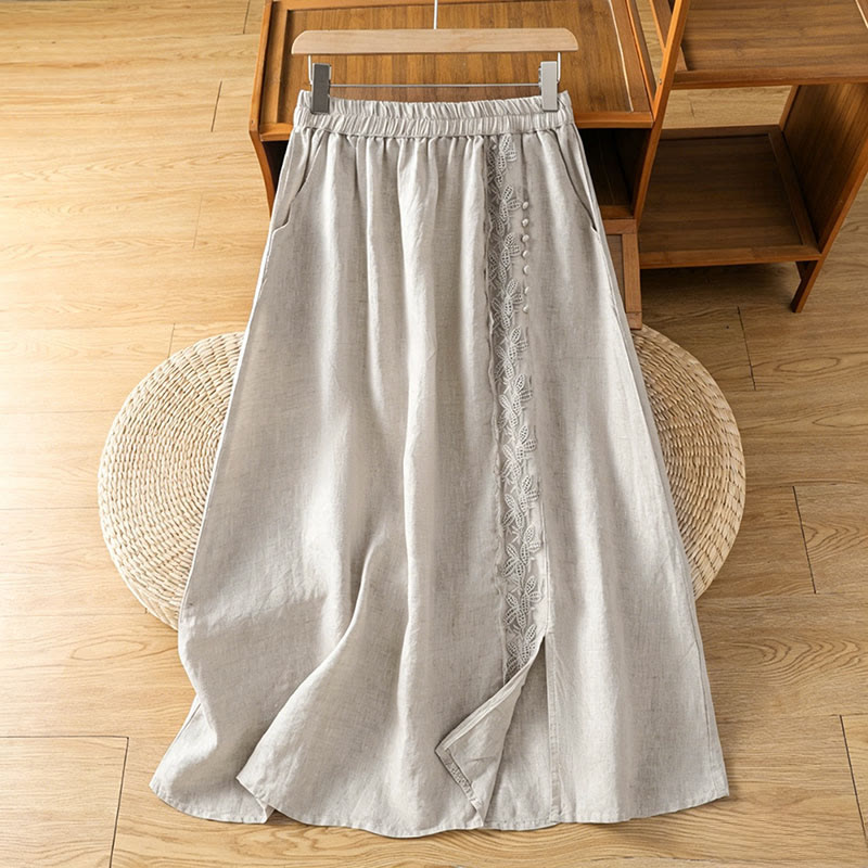 Buddha Stones Zomerse casual vintage rok met zijsplit, effen bloemenprint en zakken - Beige - US8-10, UK/AU12-14, EU40-42 (2XL) - image 0
