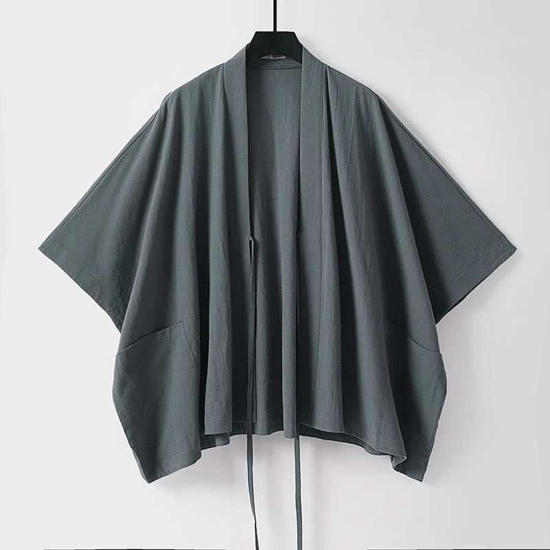 Buddha Stones Zomerse minimalistische herenkimono met Korte mouw, trekkoord en vetersluiting, effen kleur en Zakken. - image 1