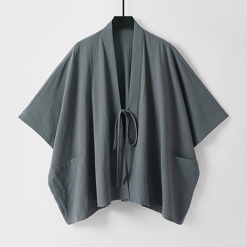 Buddha Stones Zomerse minimalistische herenkimono met Korte mouw, trekkoord en vetersluiting, effen kleur en Zakken. - Donkergrijs - US/UK/AU40, EU50 (L) - image 0