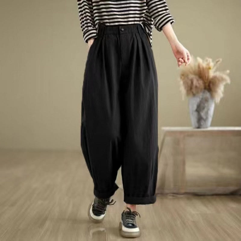 Buddha Stones Casual effen damesbroek met één knoop bovenaan, elastische tailleband en Zakken. - image 12