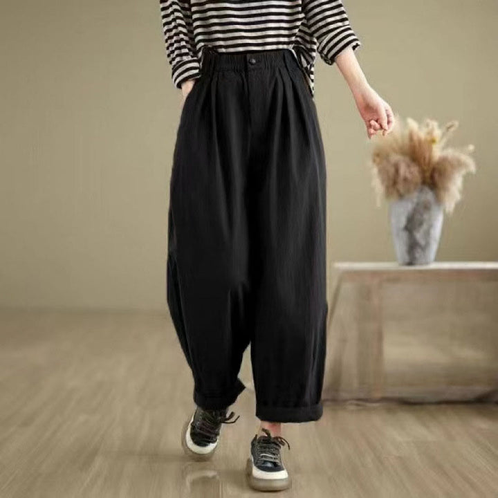 Buddha Stones Casual effen damesbroek met één knoop bovenaan, elastische tailleband en Zakken. - image 12