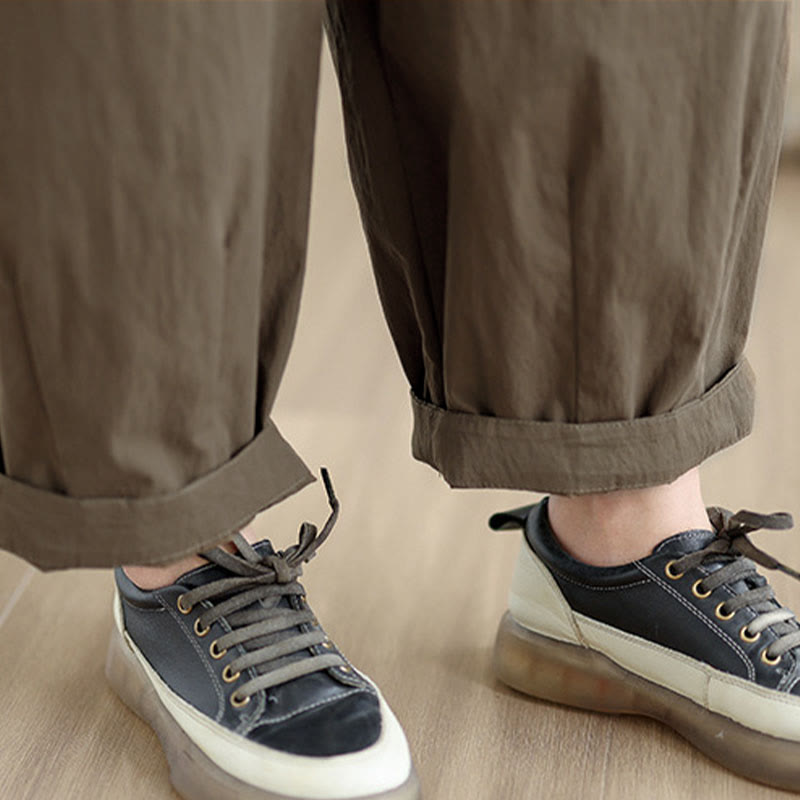 Buddha Stones Casual effen damesbroek met één knoop bovenaan, elastische tailleband en Zakken. - image 10