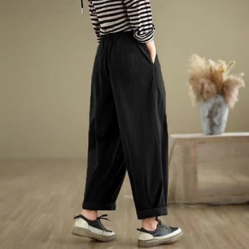 Buddha Stones Casual effen damesbroek met één knoop bovenaan, elastische tailleband en Zakken. - image 13