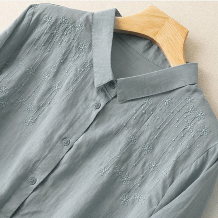 Buddha Stones Casual damesoverhemd met geborduurde opstaande kraag en korte Mouwlengte . - image 12