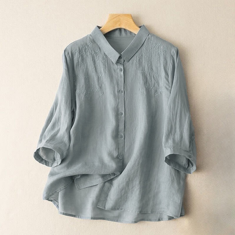 Buddha Stones Casual damesoverhemd met geborduurde opstaande kraag en korte Mouwlengte . - Lichtblauw - US8-10，UK/AU12-14，EU40-42 (2XL) - image 10