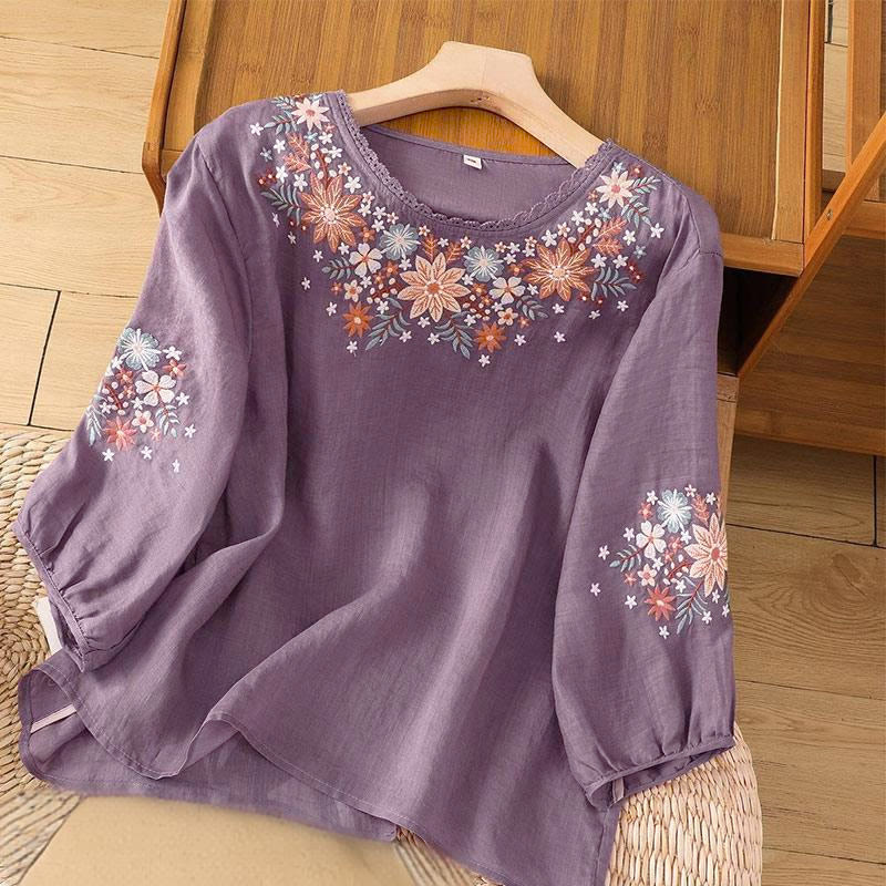 Buddha Stones Casual dames T-shirt met ronde hals en Ronde hals , geborduurd met bloemen en Mouwlengte . - Middelpaars - US12, UK/AU16, EU44 (3XL) - image 0