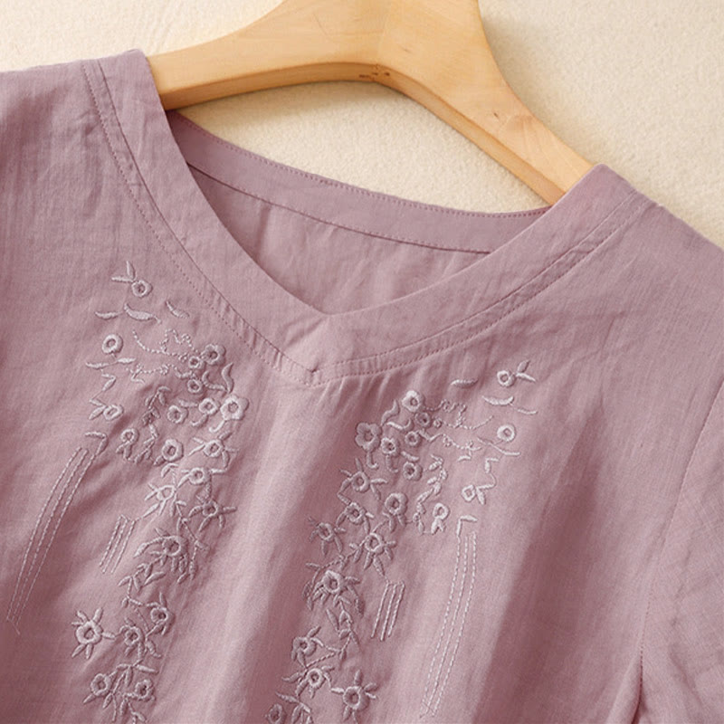 Buddha Stones Casual damesblouse met geborduurde bloemen, V-hals en losse Mouwlengte . - image 7