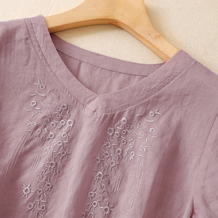 Buddha Stones Casual damesblouse met geborduurde bloemen, V-hals en losse Mouwlengte . - image 7