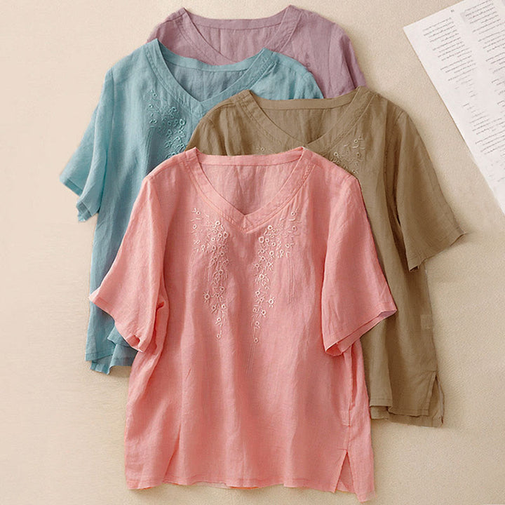 Buddha Stones Casual damesblouse met geborduurde bloemen, V-hals en losse Mouwlengte . - image 27