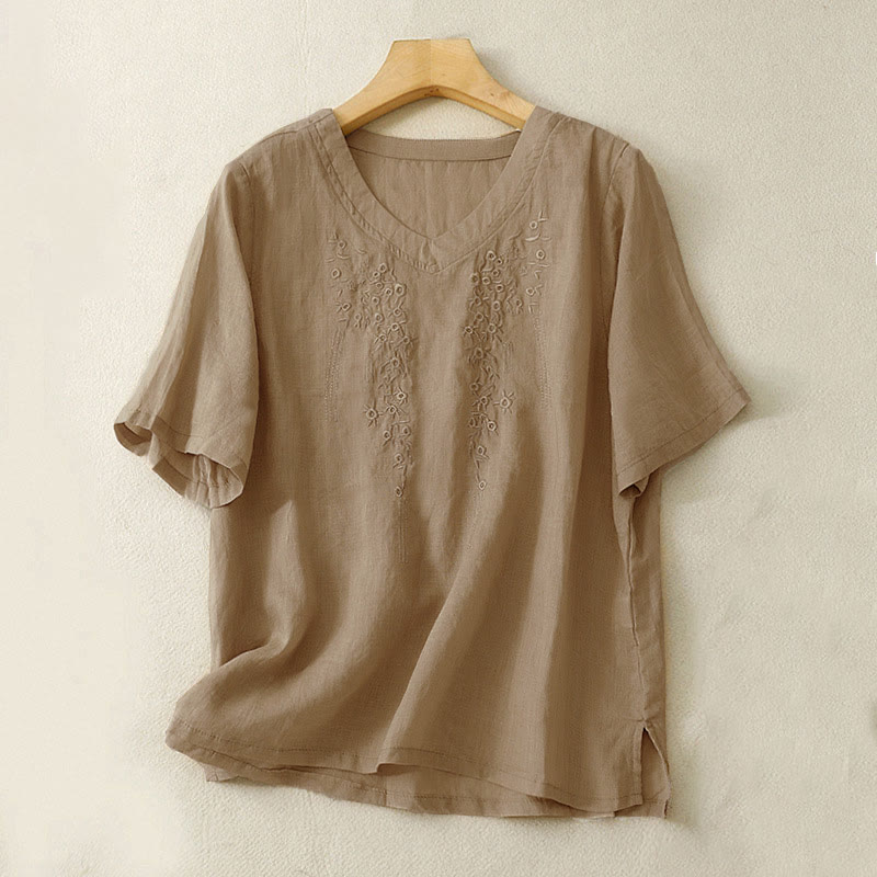 Buddha Stones Casual damesblouse met geborduurde bloemen, V-hals en losse Mouwlengte . - Bruinen - US8-10，UK/AU12-14，EU40-42 (2XL) - image 12