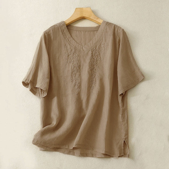 Buddha Stones Casual damesblouse met geborduurde bloemen, V-hals en losse Mouwlengte . - Bruinen - US8-10，UK/AU12-14，EU40-42 (2XL) - image 12