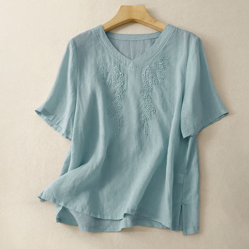 Buddha Stones Casual damesblouse met geborduurde bloemen, V-hals en losse Mouwlengte . - Lichtblauw - US8-10，UK/AU12-14，EU40-42 (2XL) - image 21