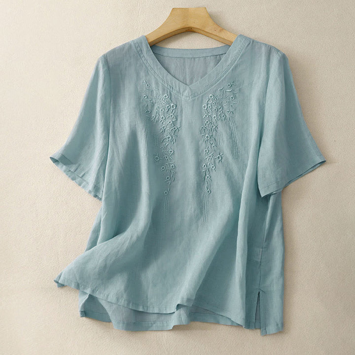 Buddha Stones Casual damesblouse met geborduurde bloemen, V-hals en losse Mouwlengte . - Lichtblauw - US8-10，UK/AU12-14，EU40-42 (2XL) - image 21