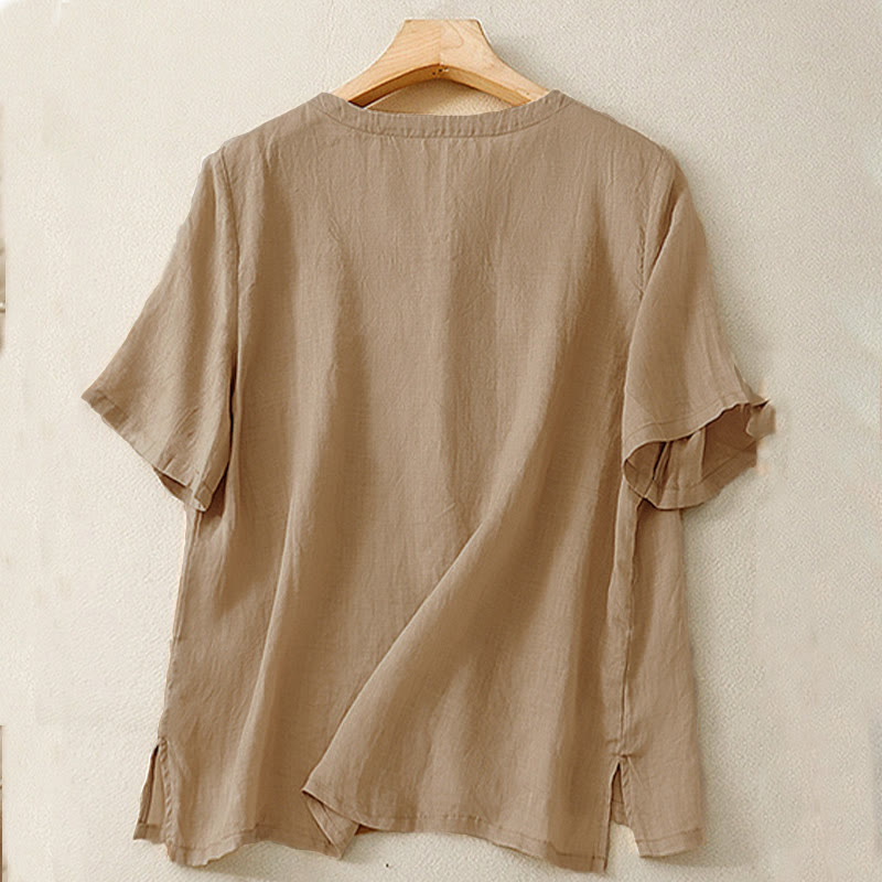 Buddha Stones Casual damesblouse met geborduurde bloemen, V-hals en losse Mouwlengte . - image 13