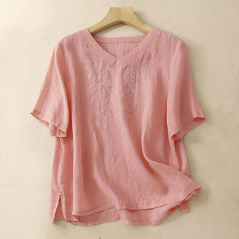 Buddha Stones Casual damesblouse met geborduurde bloemen, V-hals en losse Mouwlengte . - Donkere zalm - US8-10，UK/AU12-14，EU40-42 (2XL) - image 0
