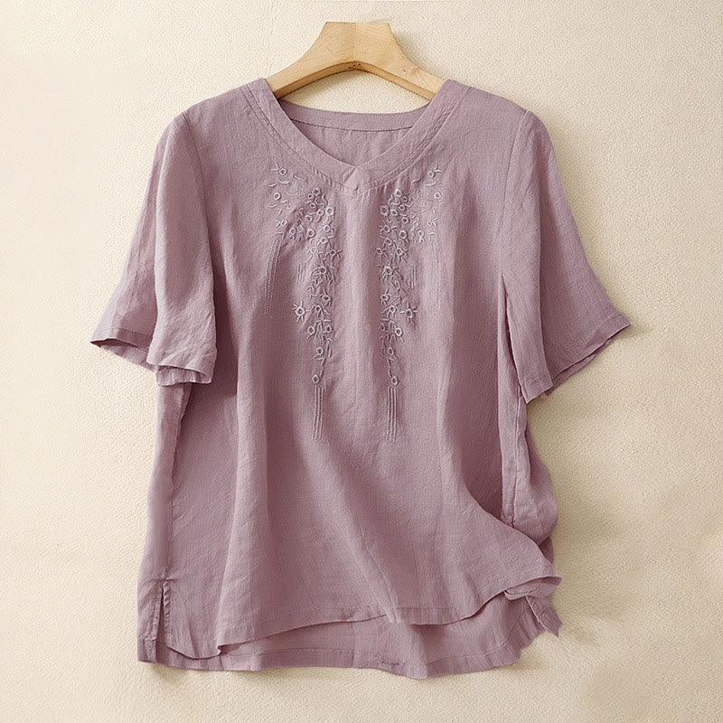 Buddha Stones Casual damesblouse met geborduurde bloemen, V-hals en losse Mouwlengte . - Distel - US8-10，UK/AU12-14，EU40-42 (2XL) - image 6