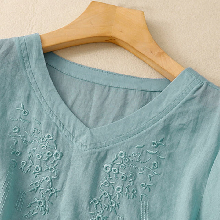Buddha Stones Casual damesblouse met geborduurde bloemen, V-hals en losse Mouwlengte . - image 22