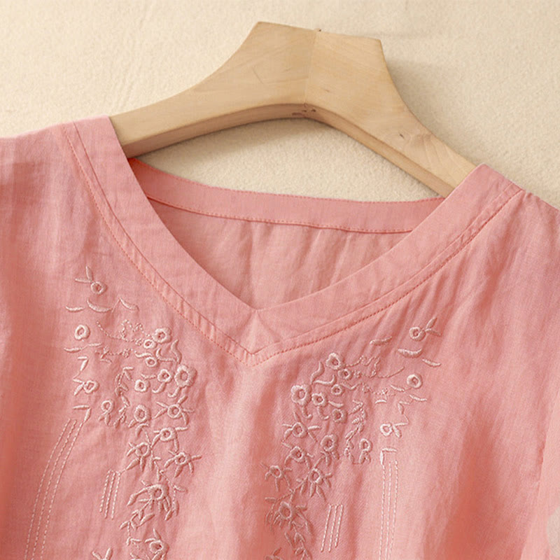 Buddha Stones Casual damesblouse met geborduurde bloemen, V-hals en losse Mouwlengte . - image 1