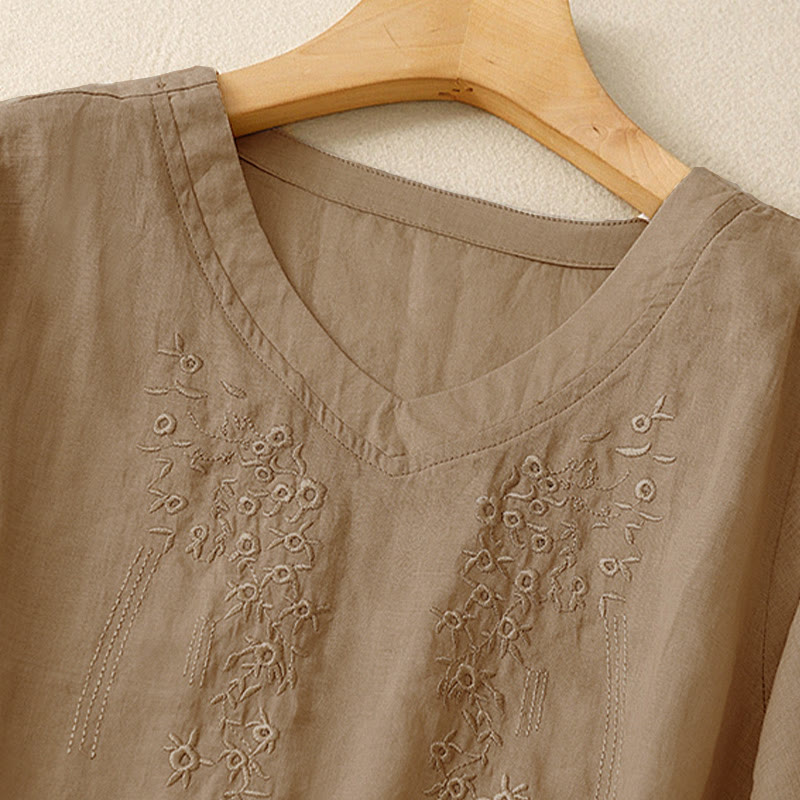Buddha Stones Casual damesblouse met geborduurde bloemen, V-hals en losse Mouwlengte . - image 14