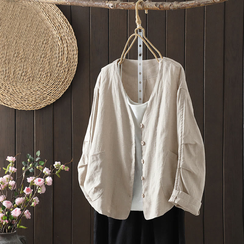 Buddha Stones Effenkleurige damesjas met V-hals en Zakken - Beige - US14, UK/AU18, EU46 (2XL) - image 0