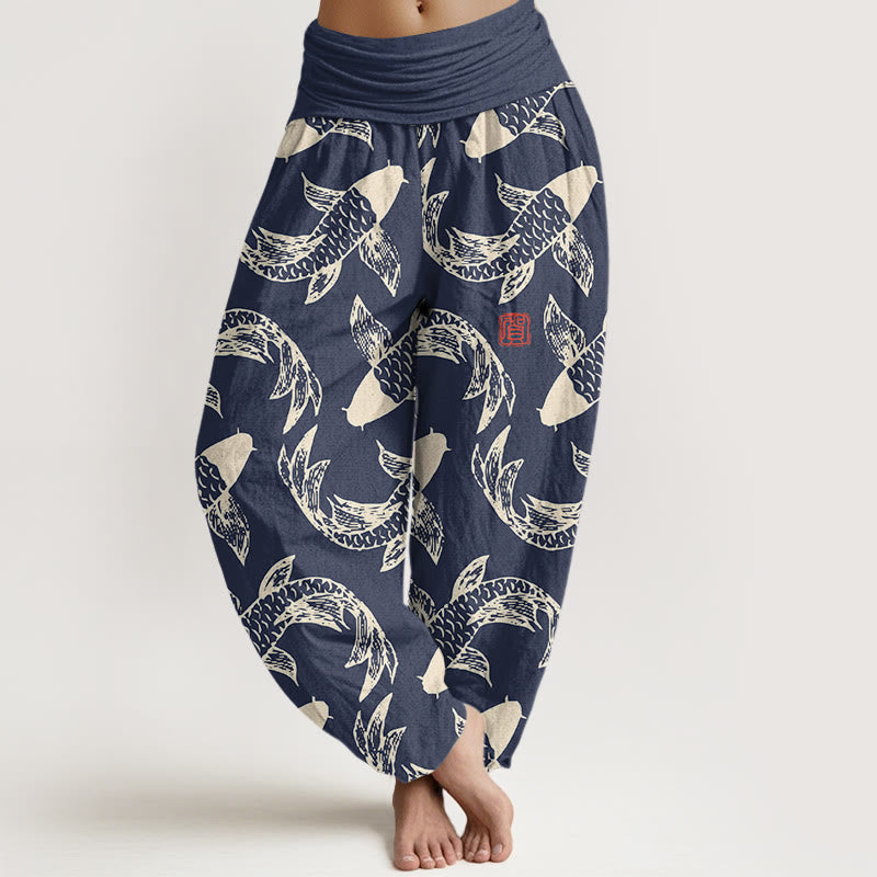 Buddha Stones Harembroek voor dames met elastische Taille en zwemmende koivissenprint , 100% Cotton. - Staalblauw - US16, UK/AU20, EU48 (3XL) - image 0