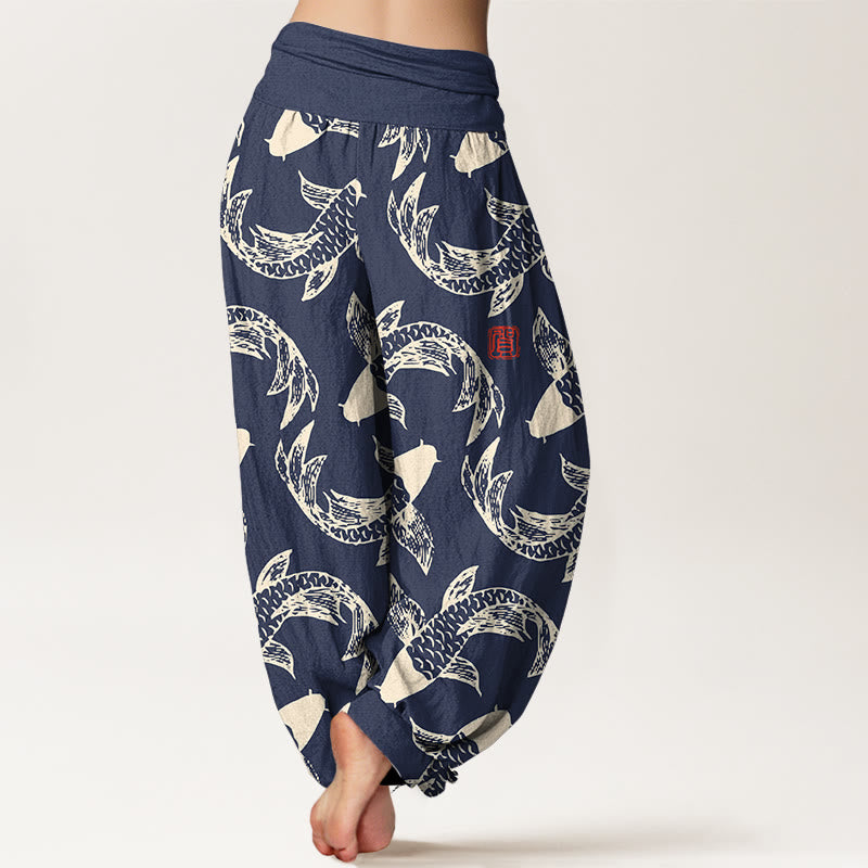 Buddha Stones Harembroek voor dames met elastische Taille en zwemmende koivissenprint , 100% Cotton. - image 1