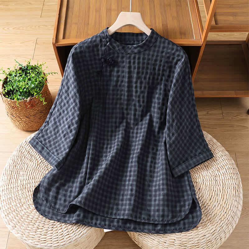 Buddha Stones Casual Overhemden in Tang-stijl met Mandarin kraag en driekwartmouwen, in Driekwart mouw wit. - Donker leigrijs - US8-10, UK/AU12-14, EU40-42 (2XL) - image 0