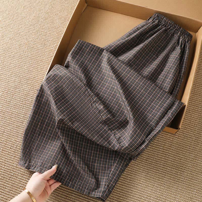 Buddha Stones Casual bruine geruite Cropped broek voor dames, lente/zomer, wijde pijpen, met Zakken - image 1