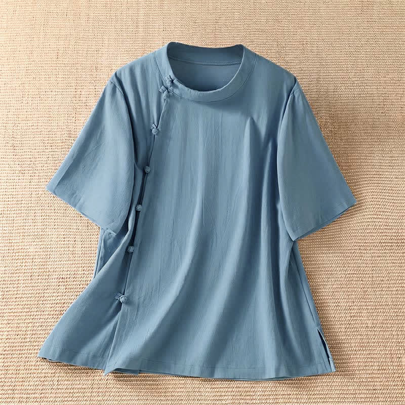 Buddha Stones Zomerse casual Tang-stijl T-Overhemden met Ronde hals en Korte mouw voor dames. - Lichtblauw - US8-10, UK/AU12-14, EU40-42 (2XL) - image 0