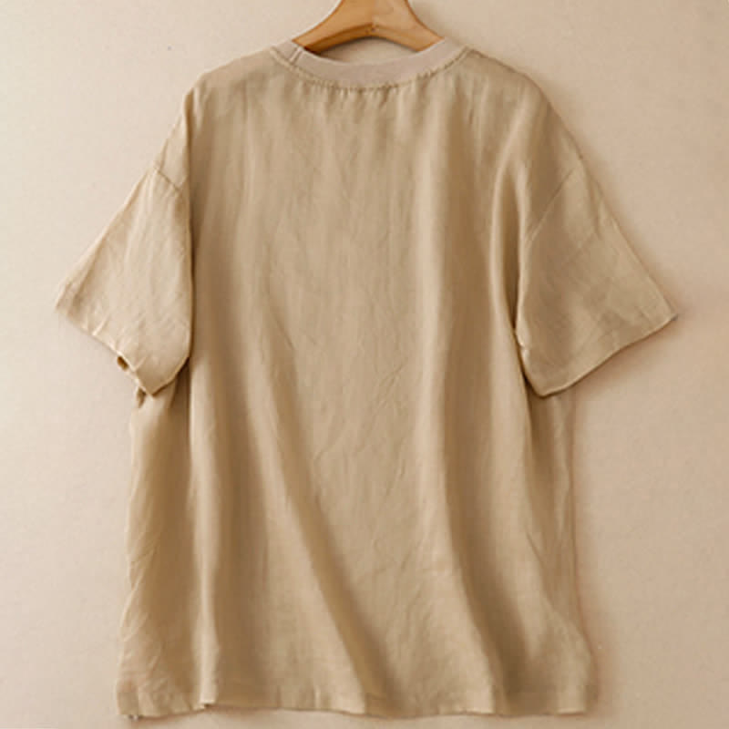 Buddha Stones Zomerse casual vintage T-shirts met bloemen- en vierkant patchworkprint voor dames met Korte mouw - image 1