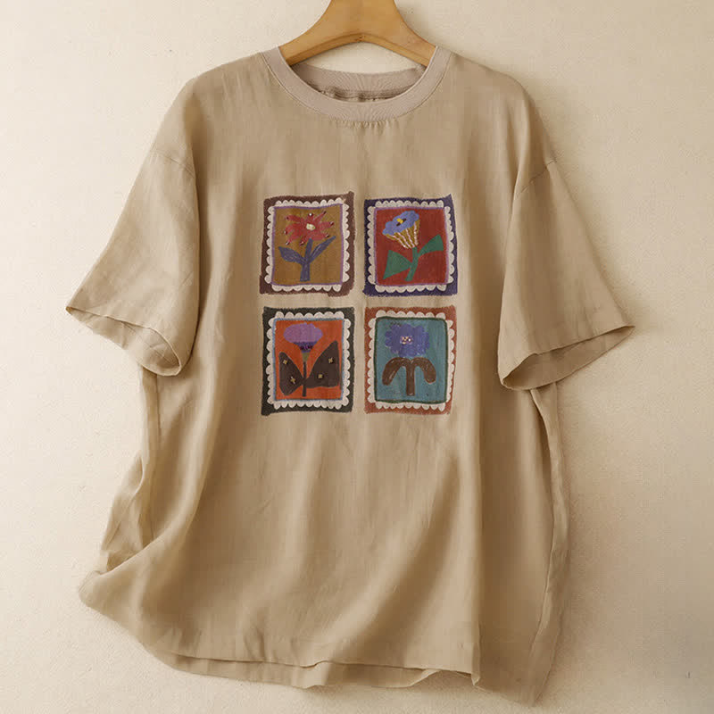 Buddha Stones Zomerse casual vintage T-shirts met bloemen- en vierkant patchworkprint voor dames met Korte mouw - Lichtgoudenroede - US12, UK/AU16, EU44 (2XL) - image 0