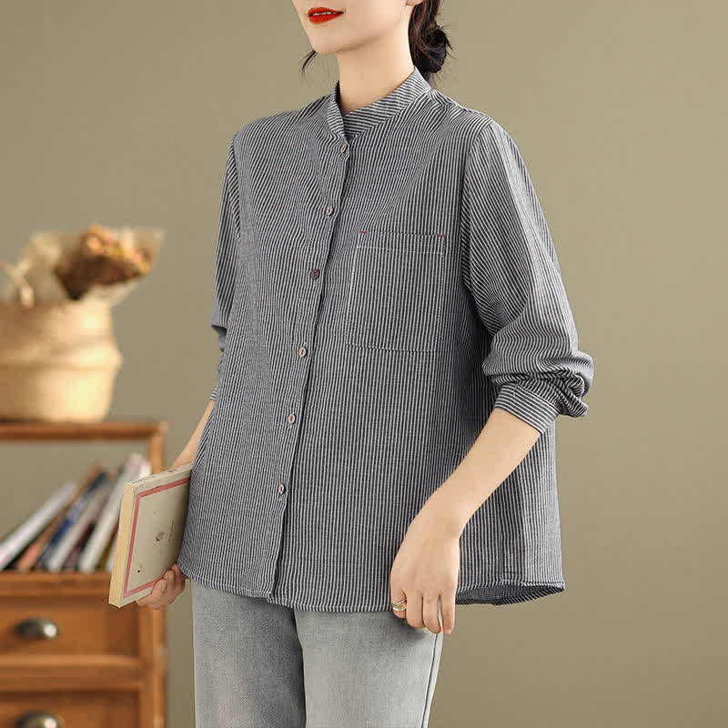 Buddha Stones Zomerse casual Tang-stijl Overhemden met Mandarin kraag, strepen, Lange mouw en opgestikte zak - image 1