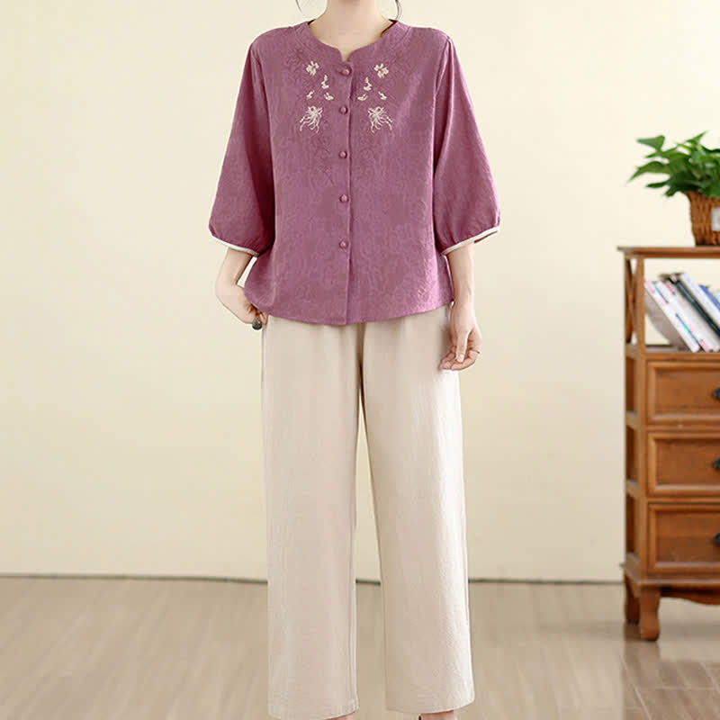 Buddha Stones Zomerse vintage Tang-stijl Overhemden met geborduurde bloemen en Driekwart mouw - image 1