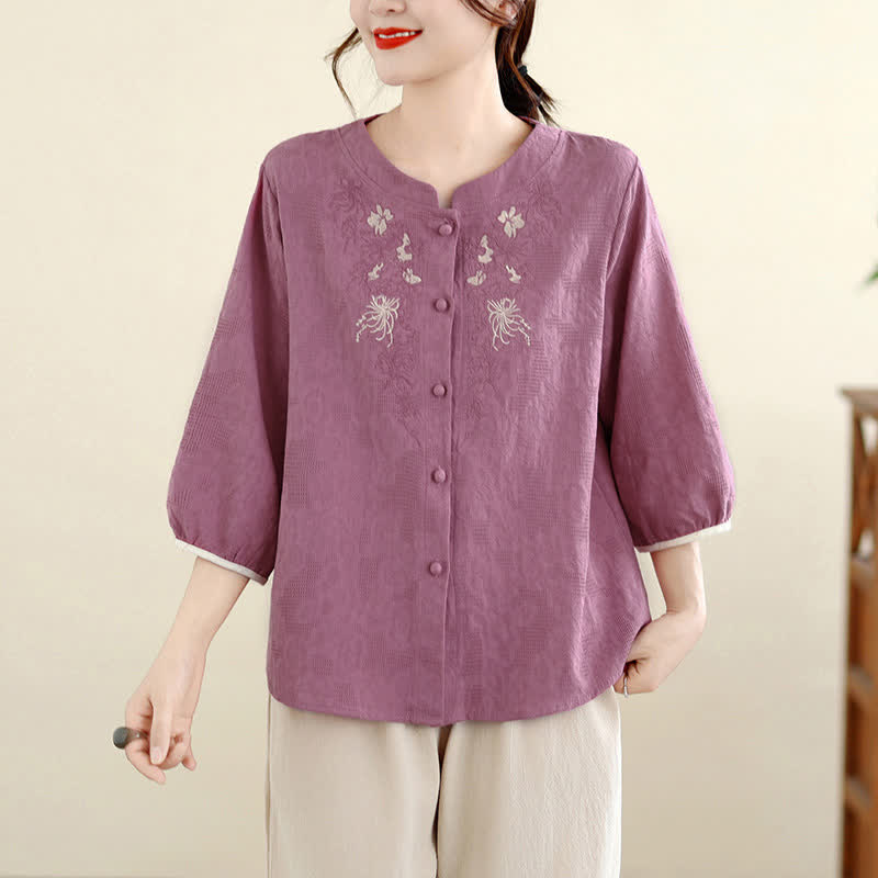 Buddha Stones Zomerse vintage Tang-stijl Overhemden met geborduurde bloemen en Driekwart mouw - Lichtpaarsrood - US12, UK/AU16, EU44 (3XL) - image 0