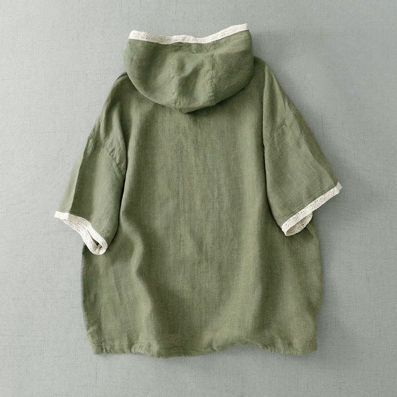 Buddha Stones Zomerse casual boho blouse met knoopsluiting, effen groen, Met capuchon afwerking, Overhemden met Korte mouw - image 1