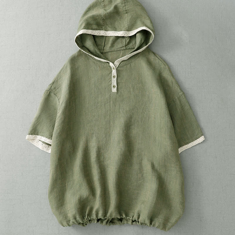 Buddha Stones Zomerse casual boho blouse met knoopsluiting, effen groen, Met capuchon afwerking, Overhemden met Korte mouw - Donkerzeegroen - US8-10, UK/AU12-14, EU40-42 (2XL) - image 0