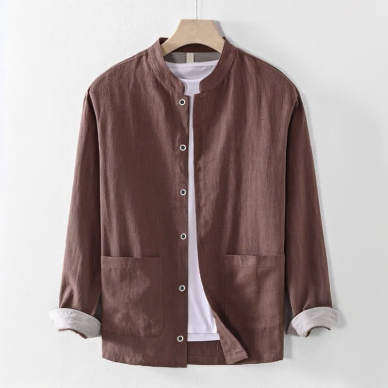 Buddha Stones Casual Overhemden met Lange mouw in Tang-stijl met Mandarin kraag en zak, geschikt voor de lente en zomer. - Sienna - US/UK/AU44, EU54 (4XL) - image 0