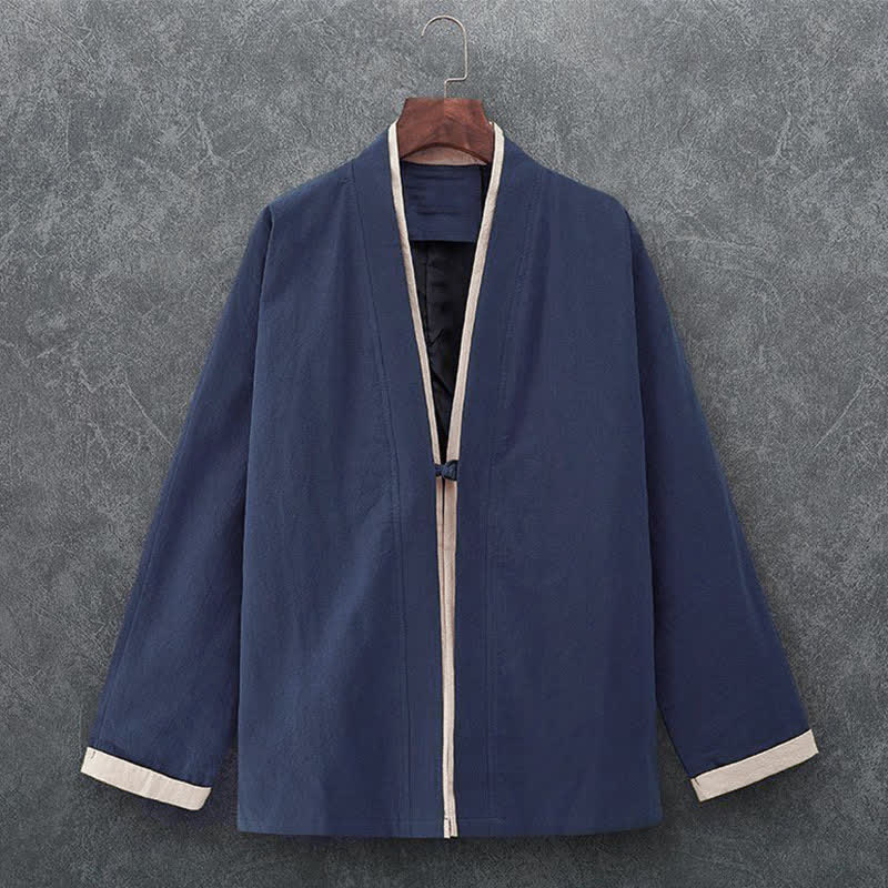 Buddha Stones Lente/Zomer Minimalistische Casual Kimono met Knoopsluiting en Driekwart mouw, Gemaakt van Effen Katoen - Marine - US/UK/AU46, EU56 (5XL) - image 0