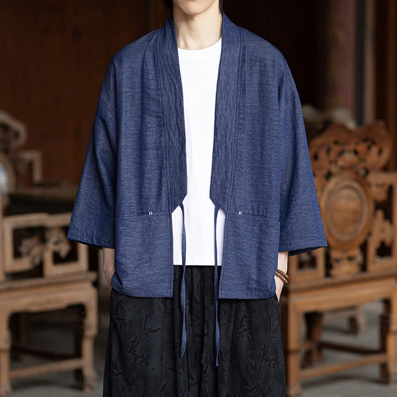 Buddha Stones Lente/Zomer Casual Minimalistische Herenkimono met Trekkoord , Driekwart mouw en Zak - Donker leisteenblauw - US/UK/AU46, EU56 (5XL) - image 0