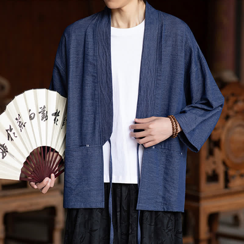Buddha Stones Lente/Zomer Casual Minimalistische Herenkimono met Trekkoord , Driekwart mouw en Zak - image 1