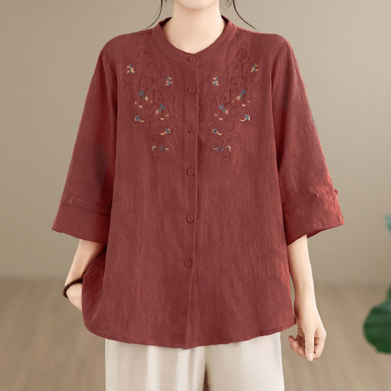 Buddha Stones Vintage Tang-stijl Overhemden met Lange mouw, Mandarin kraag en bloemenprint, lente/zomerstijl. - image 1